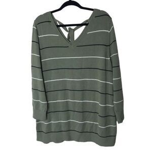 Talbots‎ Sweater Womens Extra Large Green Striped Tunic Pima Cotton V Neckline